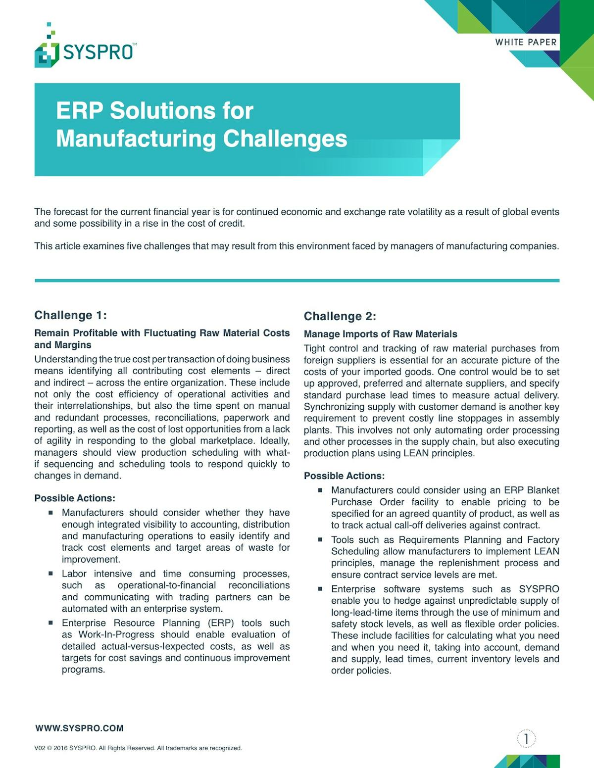 SYSPRO White Paper - ERP Solutions for Manufacturing Challenges
