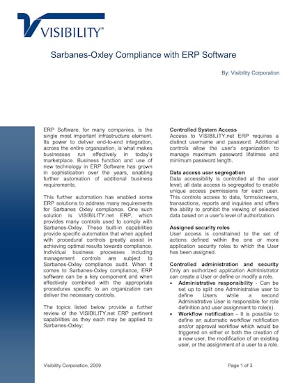 VISIBILITY.net White Paper - Sarbanes-Oxley Compliance with ERP Software