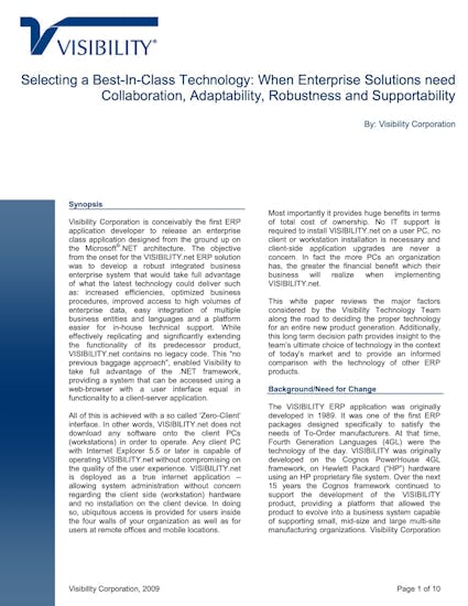 VISIBILITY.net White Paper - Selecting a Best In Class Technology